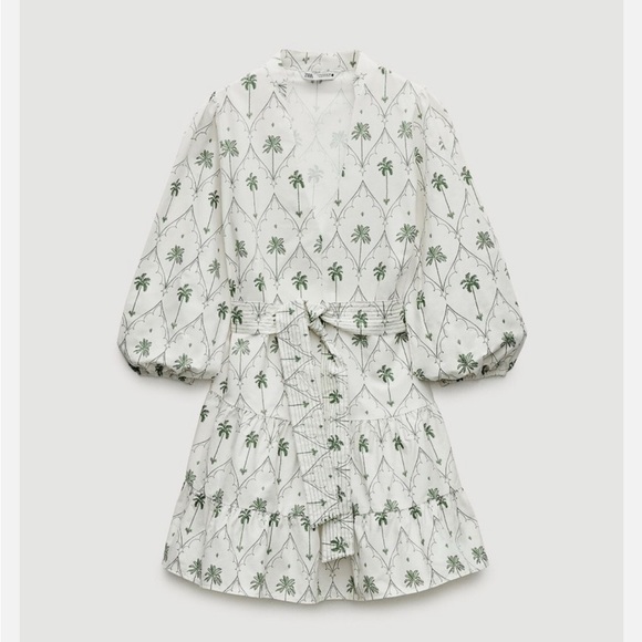 Zara Dresses & Skirts - Zara 100% Cotton White and Green Palm Print Dress with Belt XS SS2024